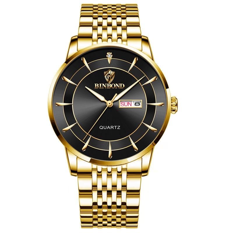 V562-H1037843060DBT-202508281410-00 Waterproof Quartz Men Watch with Luminous Butterfly Buckle and Steel Belt - 30m - Full-Gold-Black - Image 1