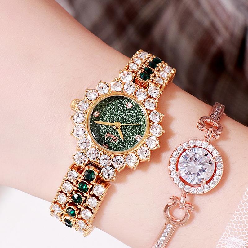 V562-H1051738550DBT-202508282132-00 Women Quartz Bracelet Watch with Diamond Accents - Golden Shell Green Plate - Image 1