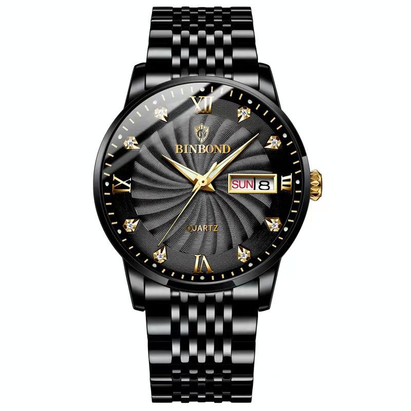 V562-H1068343060DBT-202508280835-00 Waterproof Business Men Quartz Watch with Butterfly Buckle and Luminous Dial - 30m - Black Steel-Black-Gold Nail - Image 1