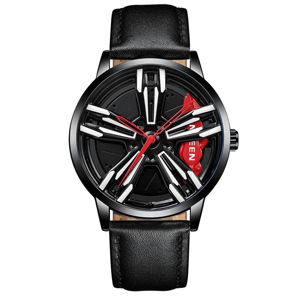 V562-I1041622060DBT-202508282120-00 Men Metal Motorcycle Watch with Rotating Hub - Black Leather Black Steel Red Surface - Image 1