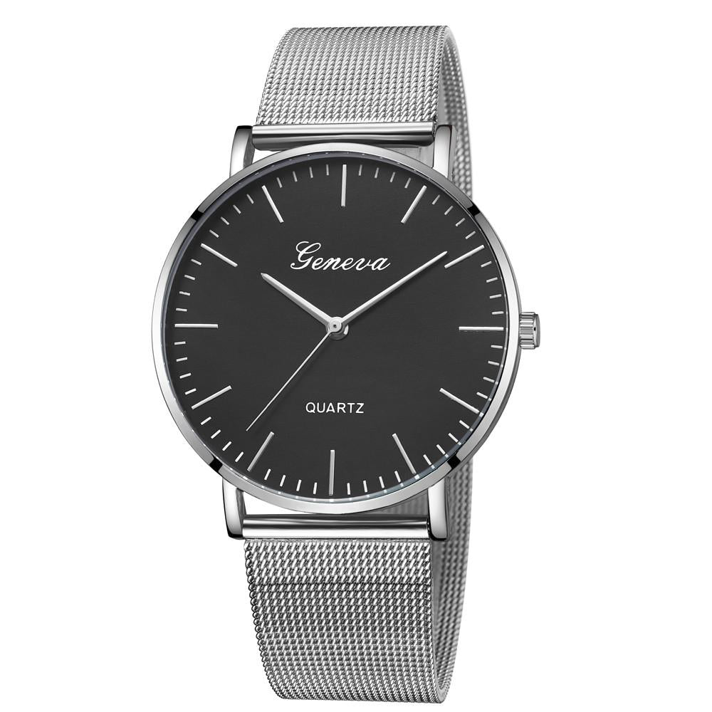 V562-J106358250DBT-202508290916-00 Stainless Steel Mesh Unisex Quartz Watch - Silver Band Black Dial Silver Needle - Image 1