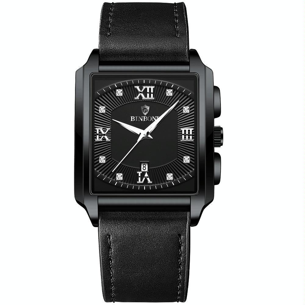 V562-L1013533060DBT-202508281035-00 Waterproof Men Quartz Watch - Rectangular Outdoor Design - Black Leather-Black Steel-White - Image 1