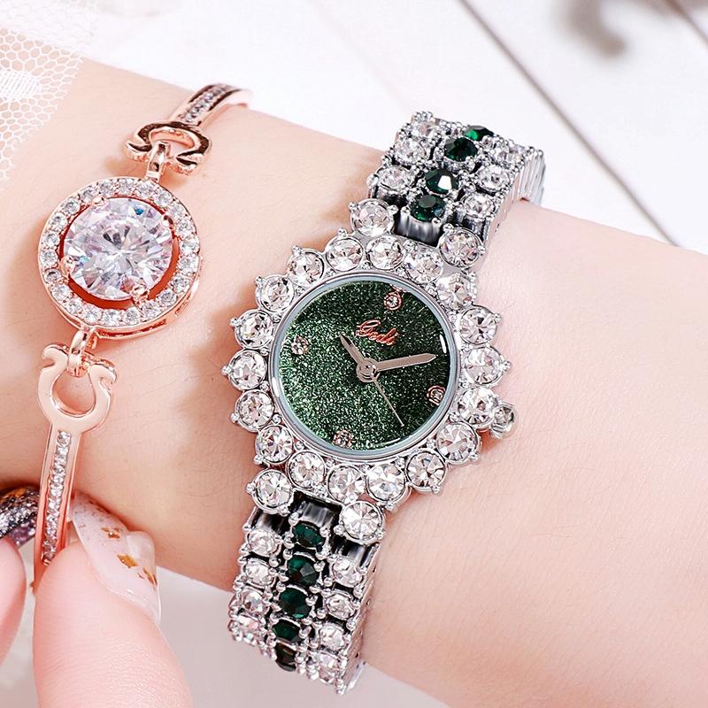V562-N1051738550DBT-202508282131-00 Women Quartz Bracelet Watch with Diamond Accents - Silver Shell Green Plate - Image 1