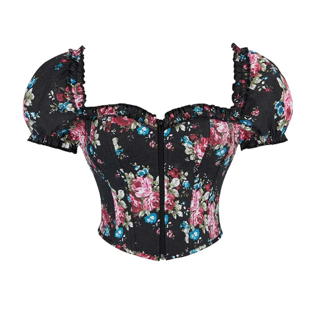 Vintage Floral Crop Top With Puff Sleeves Black / Pink / Green Denim Jeans Fabric Zip Up Corset For Women - Black - Xs