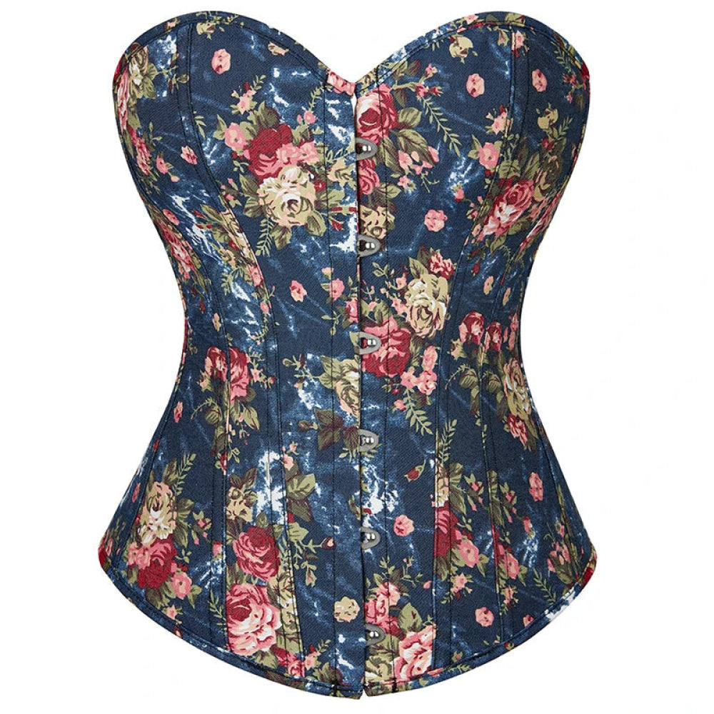 V562-OBBPBBKOIINTLXXN-6-202508291925-00 Floral Lace-Up Denim Corset Plus Size S-6Xl Boned Strapless Blue / Black - Blue - L - Image 1
