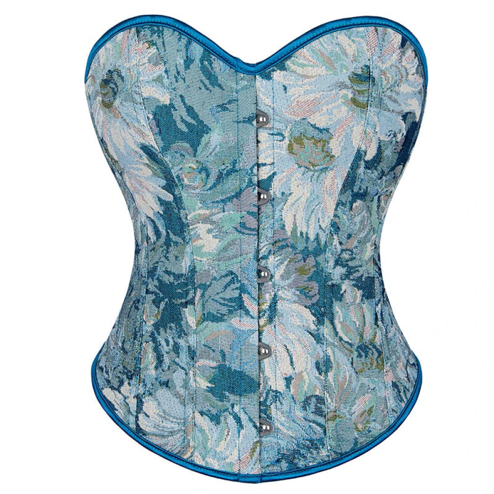 V562-OBBPBBLIAATXLPXK-2-202508291836-00 Floral Print Renaissance Corset 12 Plastic Bones Front 5 Busk Closure Plus Size - Blue 502 - 6Xl - Image 1