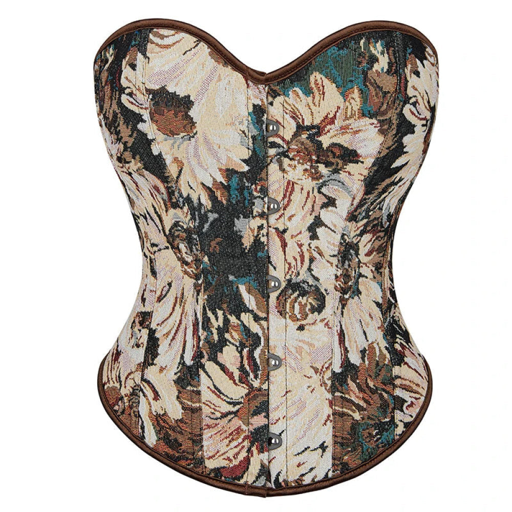 V562-OBBPBBLIAATXLPXK-6-202508291840-00 Floral Print Renaissance Corset 12 Plastic Bones Front 5 Busk Closure Plus Size - Brown 791 - Xl - Image 1