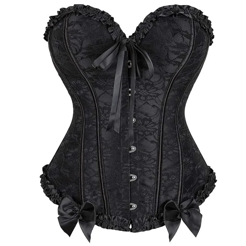 V562-OBBPBBNAKXLLKBPK-9-202508291646-00 Vintage Lace Overlay Corset With Bowknot Detail Lace Up Bone Pleated Mesh Women - Xxxl - Image 1