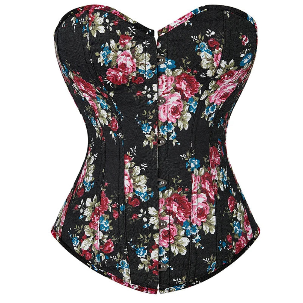 Vintage Floral Denim Corset Plus Size S-Xxl Lace Up Boned Overbust Fashionable - Black - 4Xl