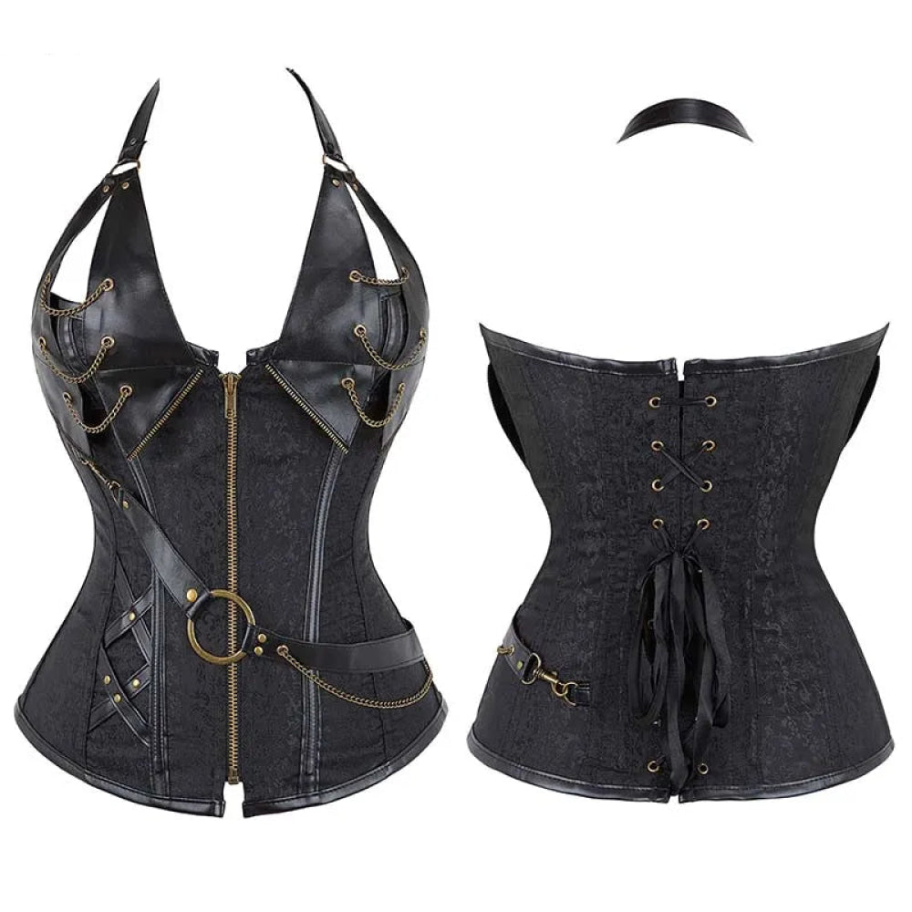 V562-OBBPBBNIPPBOAAAN-12-202508291820-00 Deep V Halter Chest Binder Bustier Black Brown Steampunk Gothic Corset Plus Size With Zip - Black - L - Image 1