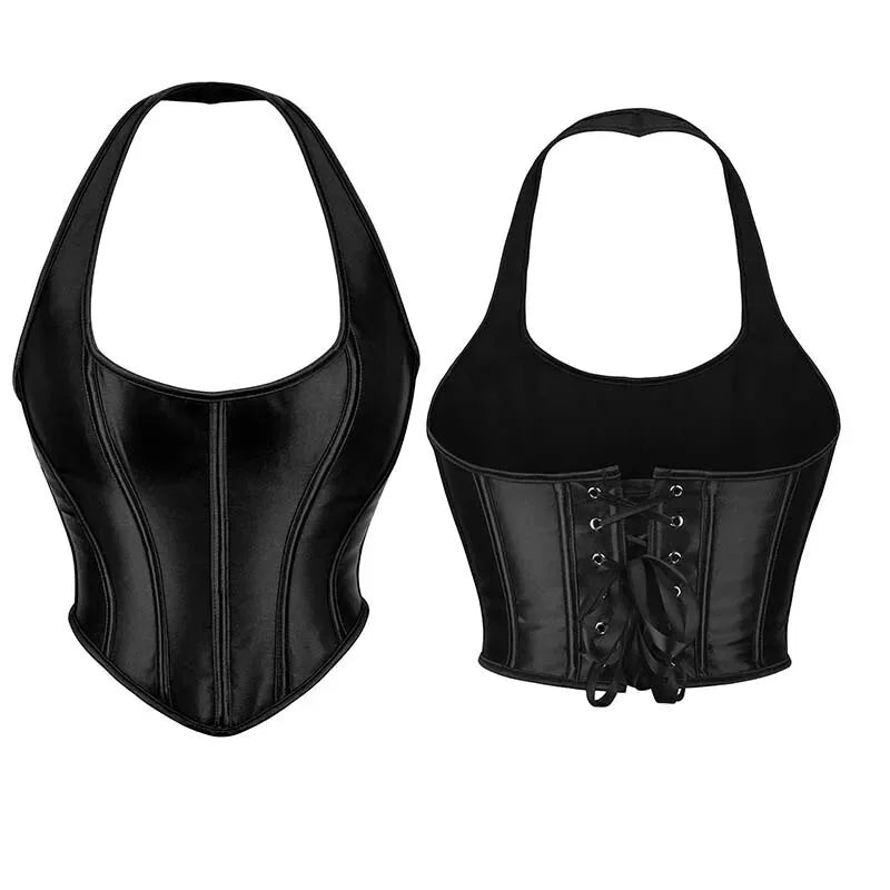 V562-OBBPBBNKATINBIPB-6-202508292021-00 Black Gothic Corset Top Plus Size Slimming Bustier With Halter-Strap And Satin Material - S - Image 1