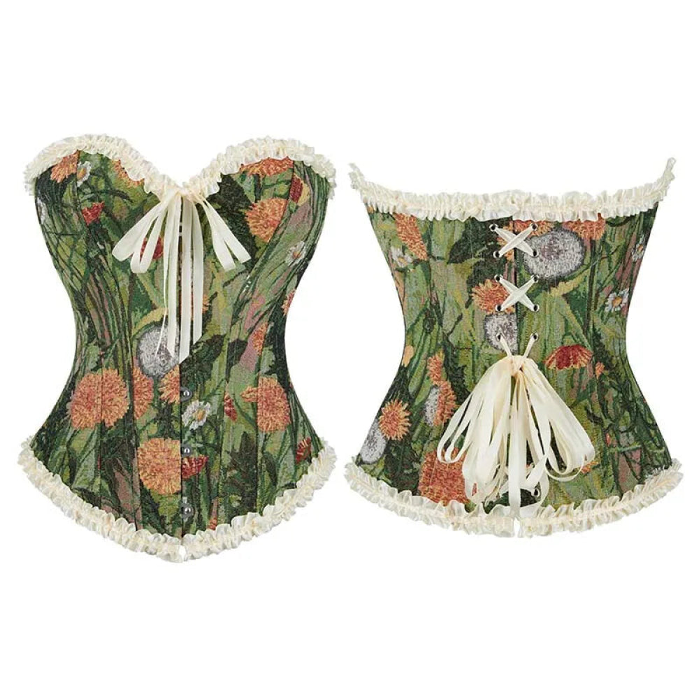 V562-OBBPBBNKAXIINXKB-5-202508291741-00 Green Floral Print Boned Corset Front Busk Closure Bowknot Bandage Victorian Style - L - Image 1