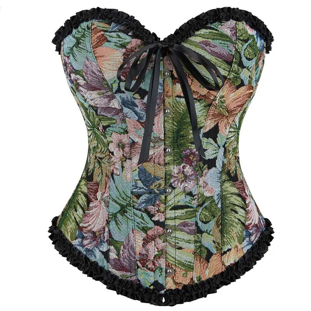 V562-OBBPBBNKAXTPPIXN-1-202508291825-00 Floral Print Lace Trimmer Boned Strapless Corset Gothic Vintage Style - Xs - Image 1