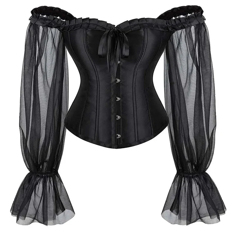 V562-OBBPBBNKNNXXNALO-4-202508292010-00 Ruffled Gothic Corselet Top With Puff Sleeves And Lace-Up Boning Transparent Satin Overbust Corset For Women - Xxl - Image 1