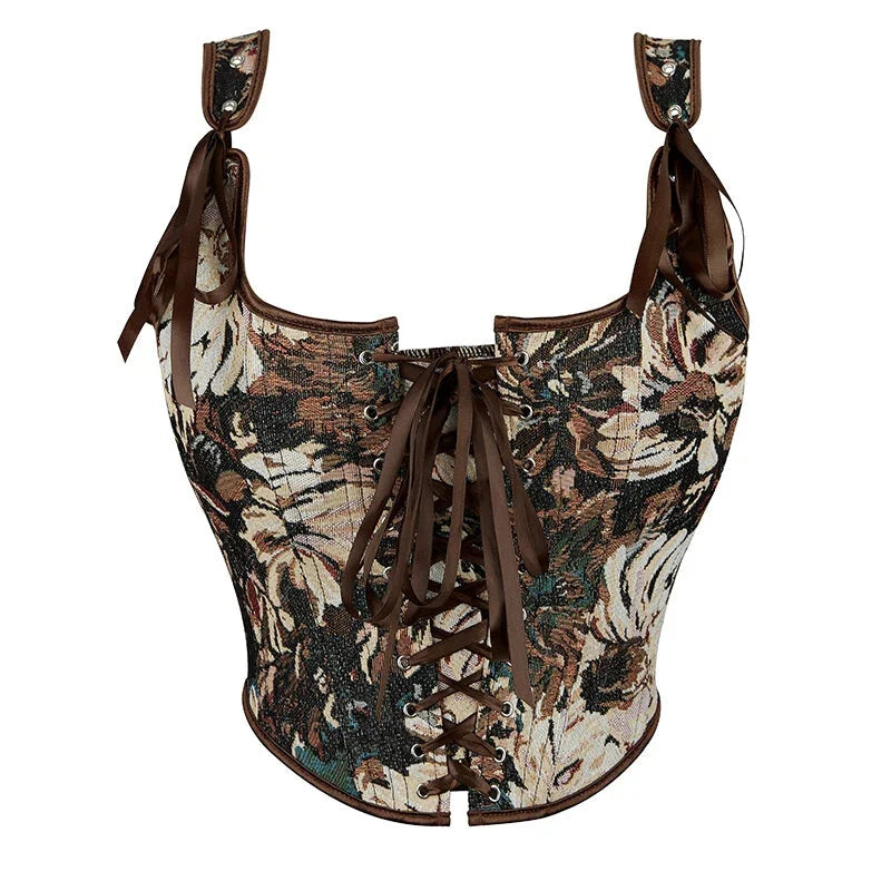 V562-OBBPBBNLKPATNOOP-1-202508292035-00 Brown Steampunk Corset Bustier Shoulder Strap Sleeveless Tank Top With Lace-Up Boning - S - Image 1