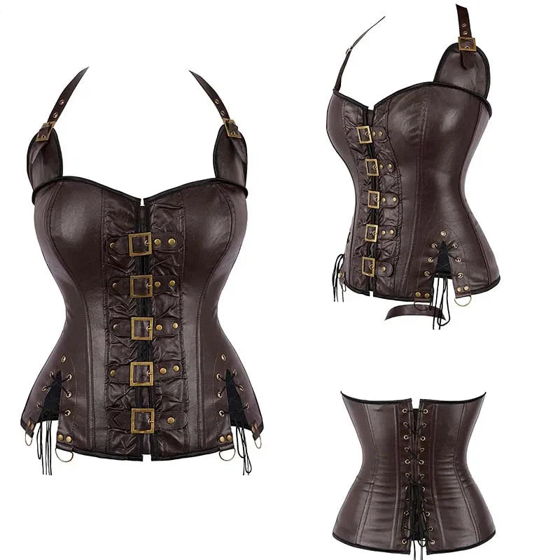 V562-OBBPBBNLOLNOPONA-10-202508291653-00 Steampunk Corselet With Zip & Buckle Women Gothic Fishbone Corset - Brown - L - Image 1