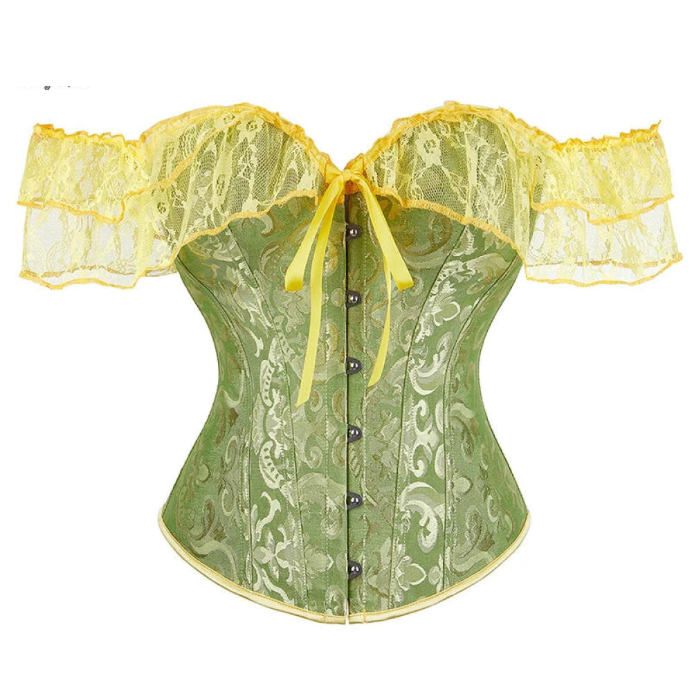 V562-OBBPBBNLONPPPTON-17-202508291940-00 Brown Steampunk Corset With Front Busk Closure Floral Lace And Puff Sleeves - Green - Xs - Image 1