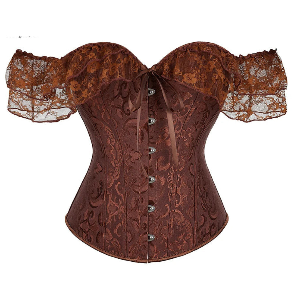 V562-OBBPBBNLONPPPTON-20-202508291941-00 Brown Steampunk Corset With Front Busk Closure Floral Lace And Puff Sleeves - Brown - Xxl - Image 1