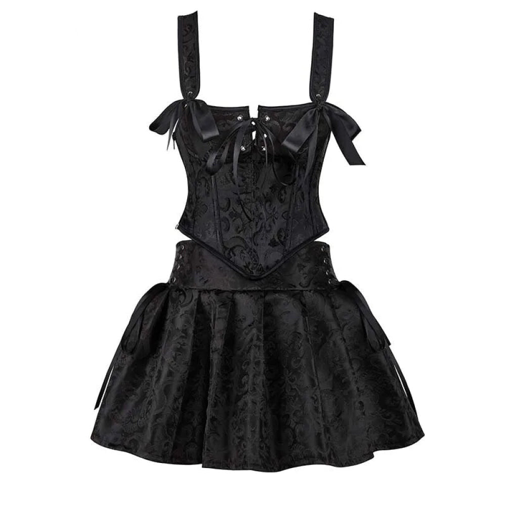 V562-OBBPBBNPLXKLIKAT-8-202508291810-00 Floral Jacquard Lace-Up Boned Corset Dress With Fishbone Support And Gothic Crop Top Skirt Set - L - Image 1
