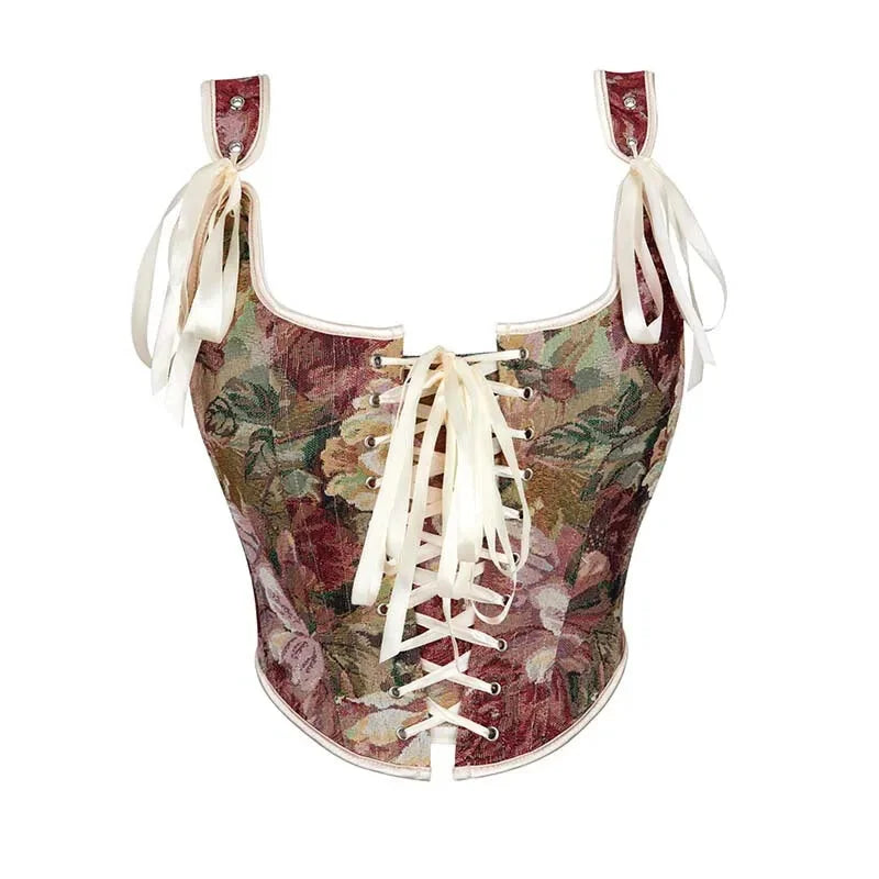 V562-OBBPBBNPPBLXLPII-2-202508292330-00 Floral Print Bowknot Tie Strap Sleeveless Vest Corset Bustier Plus Size S-Xxl - Xl - Image 1