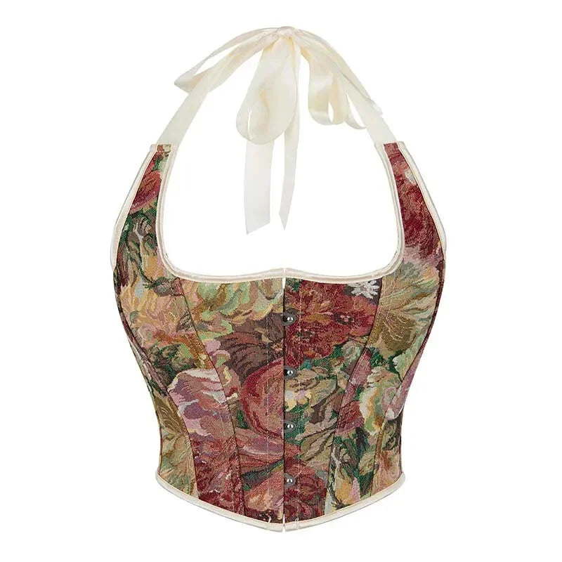 V562-OBBPBBNPTANOBNOT-6-202508292020-00 Retro Floral Print Halterneck Corset Top Front Busk Closure Plus Size Xs-Xxl - L - Image 1