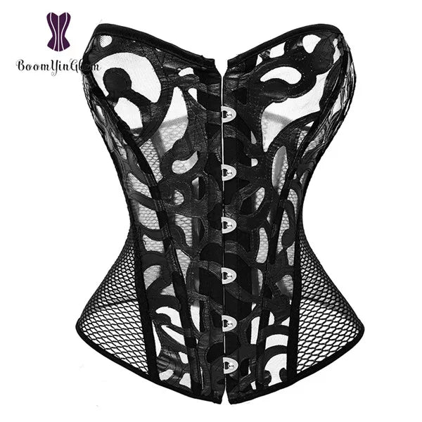 V562-OBBPBBTTTAXNBLNP-1-202508291435-00 Mesh Net Corset Black White See Through Bustier For Alluring Slimming And Breathability - Black - Xxxl - Image 1