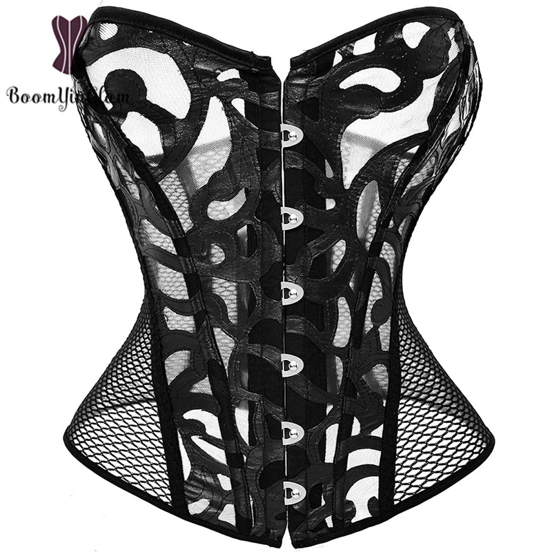 V562-OBBPBBTTTAXNBLNP-16-202508291735-00 Mesh Net Corset Black White See Through Bustier For Alluring Slimming And Breathability - White - S - Image 1