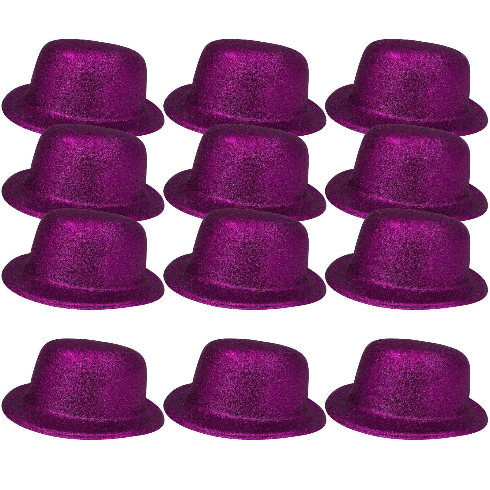 V563-12GLTRBWLRHAT-PUR-202509090925-00 12x GLITTER BOWLER HAT Fancy Party Plastic Costume Cap Fun Dress Up Sparkle BULK - Purple - Image 1
