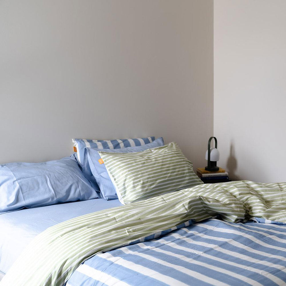 V563-BLUSTRP_DVT-SINGLE-202508210810-00 100% Cotton Duvet Quilt Cover Set w/ 2 Pillow Cases in Reversible Blue/Green/White Stripe - Single - Image 1