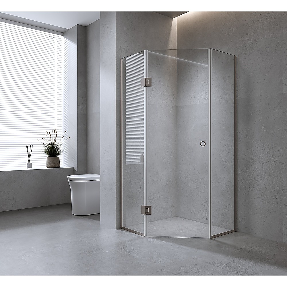V63-932821-202507050026-00 90cm Frameless Diamond Shower Screen with Nickel Channels and Brass Hinges & Round Handle - Image 1