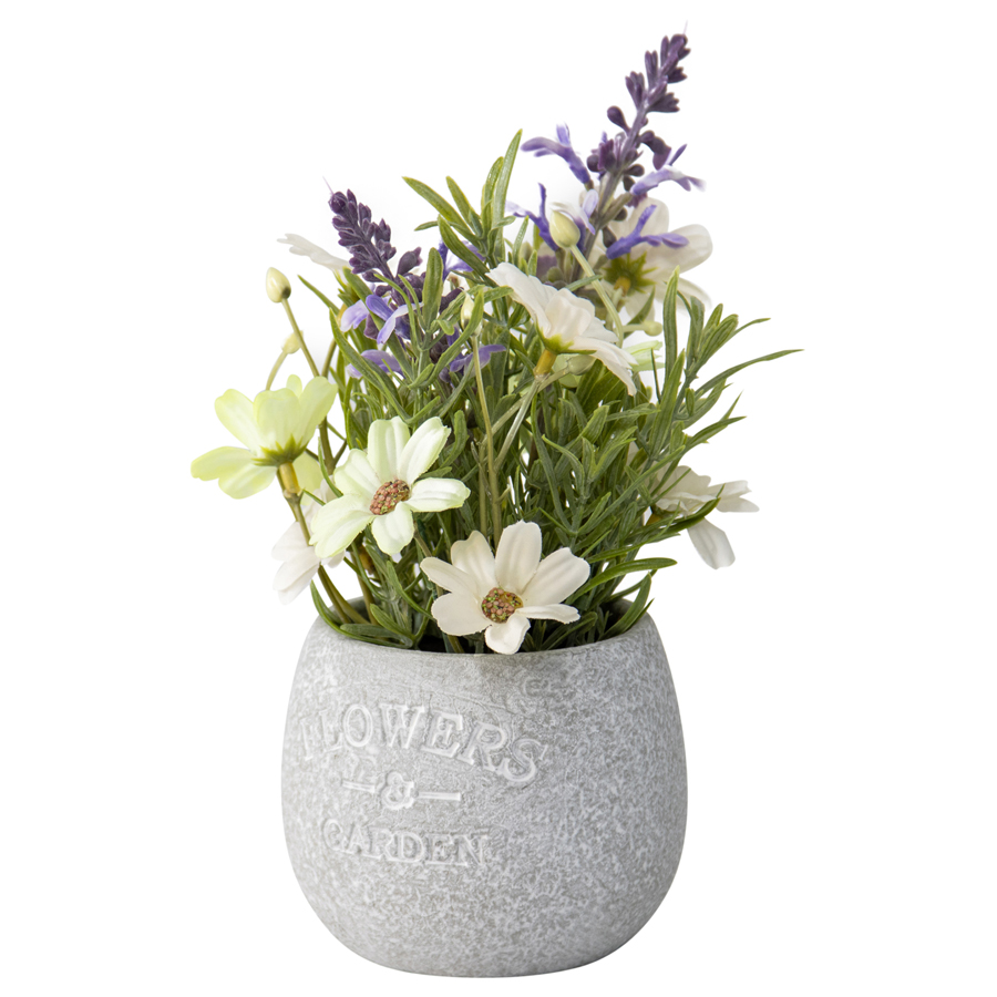 V637-05064LAV-202508251425-00 Artificial Lavender & Daisy Bunch in Grey Pot 22cm - Image 1