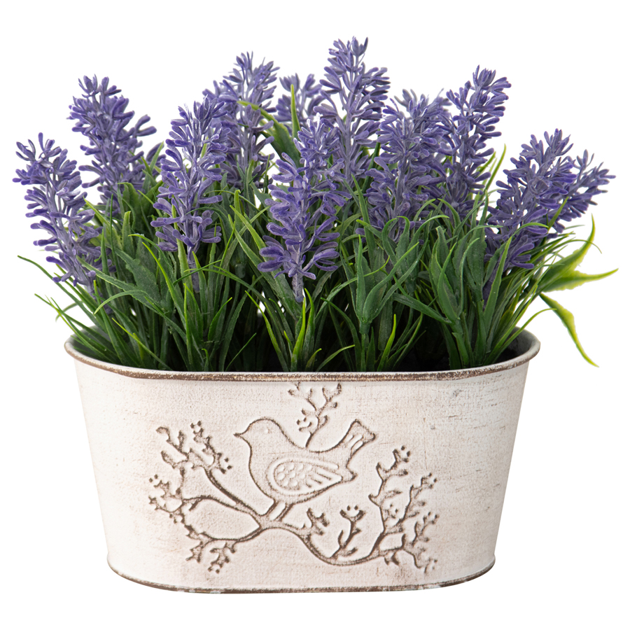 V637-05065LAV-202508251425-00 Artificial Lavender Plant in Oval Pot w Bird 22cm - Image 1
