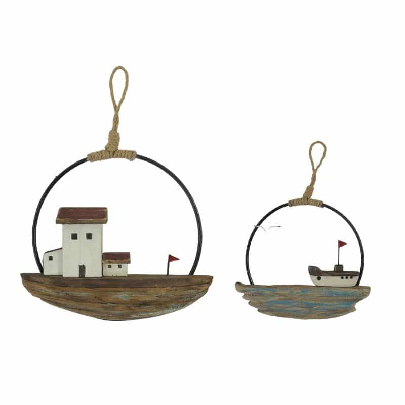 V637-12815WAL-202508251517-00 Set 2 Handcrafted Round Boat / Beach Wall Art 28cm - Image 1