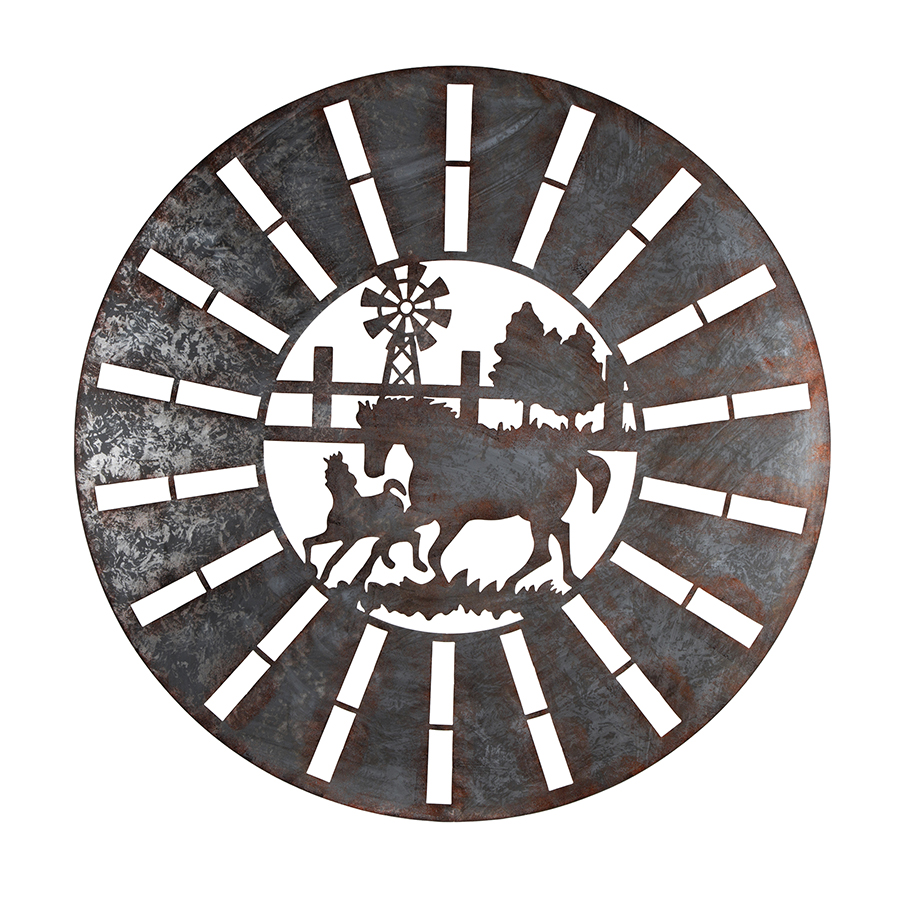 V637-24807HRS-202508251325-00 Galvanised w Rust Horses Round Laser Cut Wall Art 100cm - Image 1