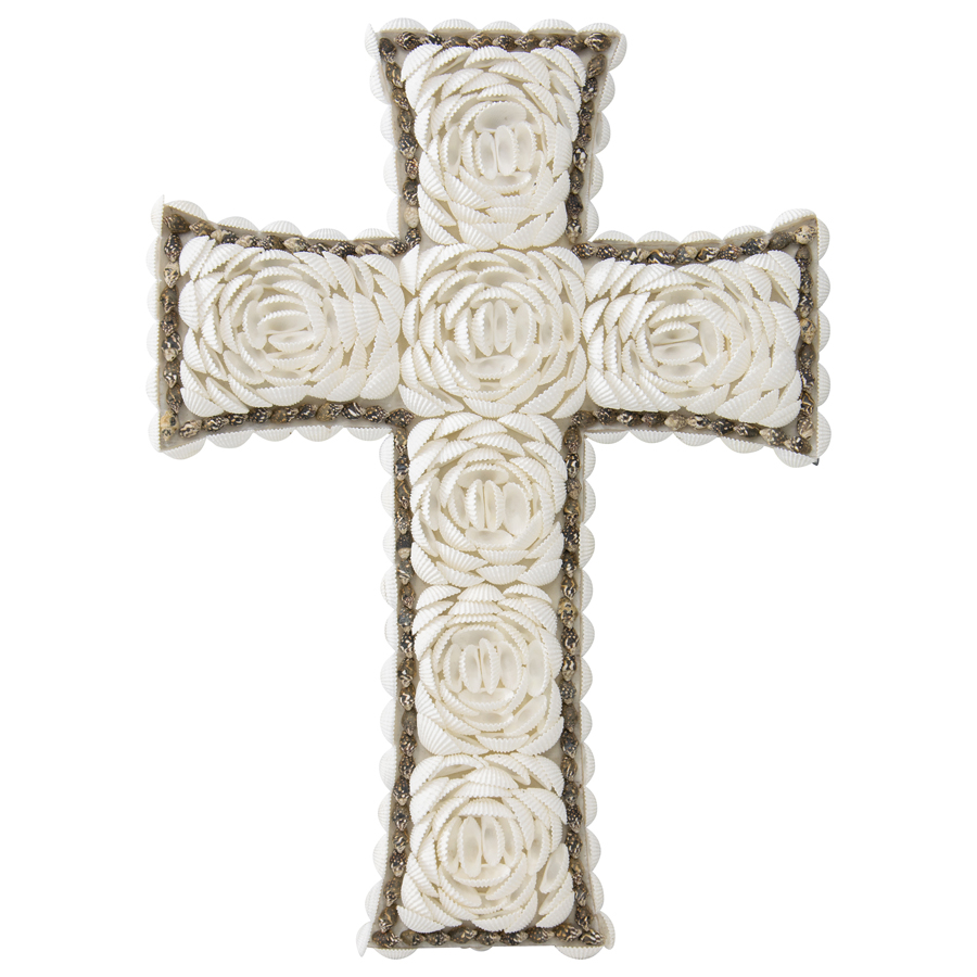 V637-33797CRS-202508251420-00 Handcrafted Weave & White Shell 'Flower' Wall Hanging Cross 16x3cm - Image 1