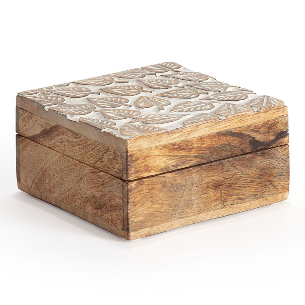 V637-51002BOX-202508251330-00 Mango Wood Embossed Leaves Trinket Box 15cm - Image 1