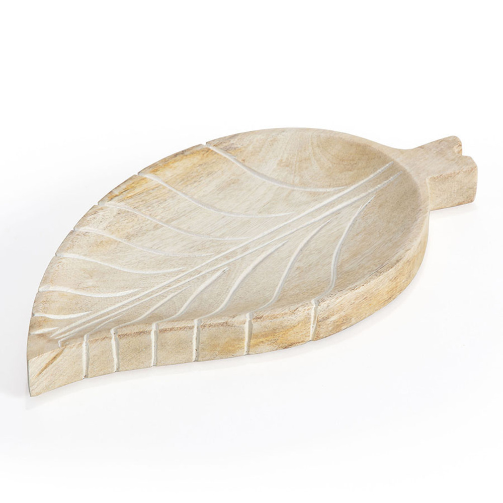 V637-51003TRA-202508251330-00 Hand carved Mango Wood Leaf Shape Tray 30cm - Image 1