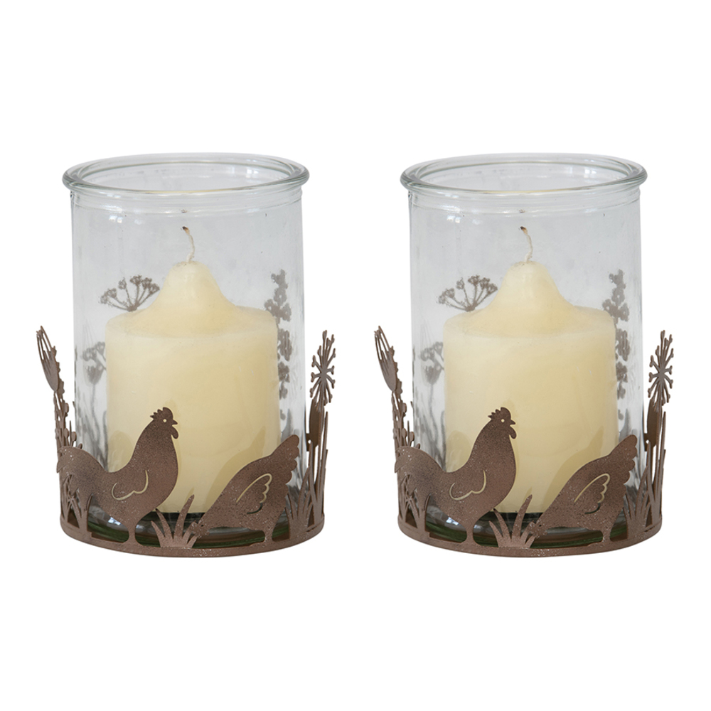 V637-52412CHK-202508251704-00 Set 2 Glass Candle holders in Low Rust Base w Chooks 10cm - Image 1