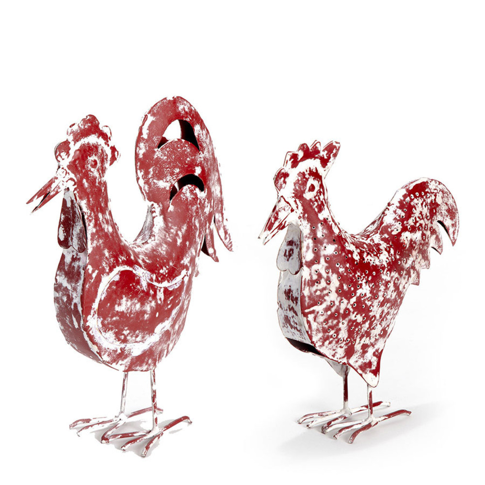V637-56308CHK-202508251745-00 Set 2 Assorted Handcrafted Distressed Red Rooster & Chook 33cm - Image 1