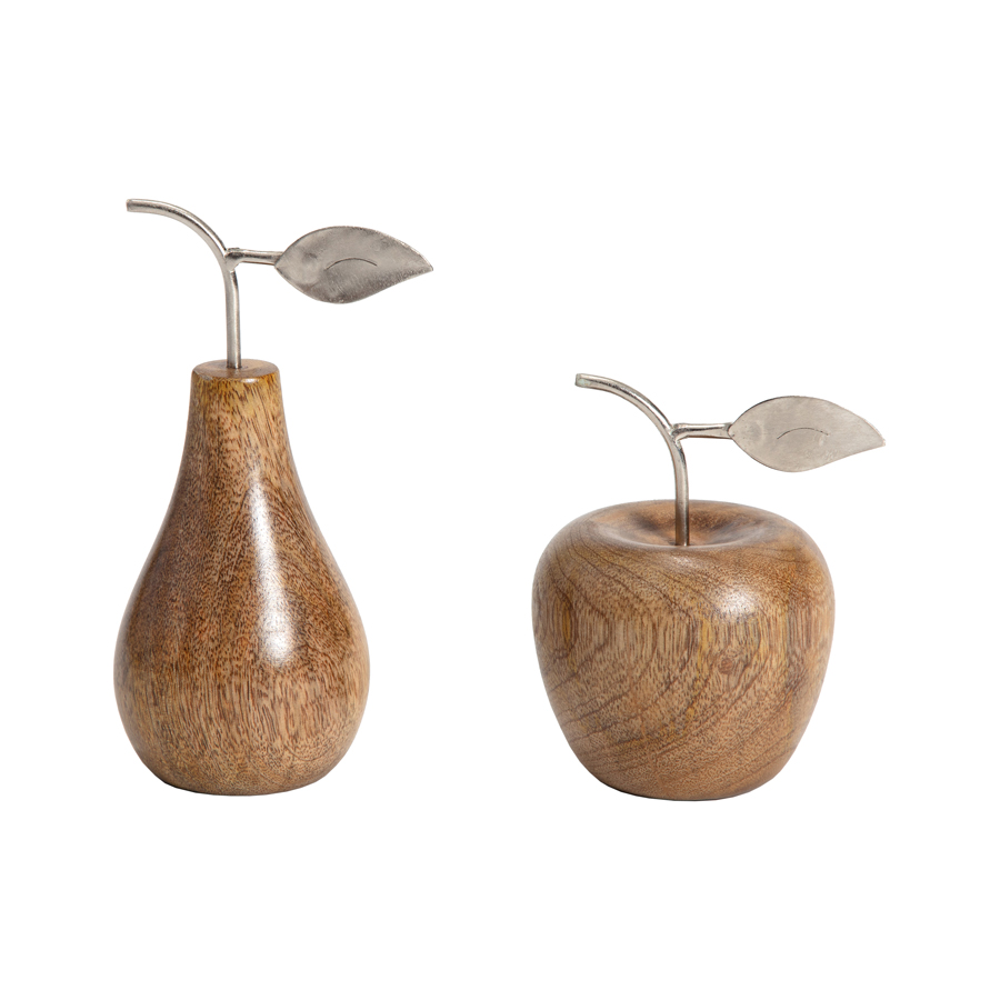 V637-59071APL-202508251805-00 Set 2 Asst Handcrafted Apple & Pear W Antique Silver Leaf 17cm - Image 1