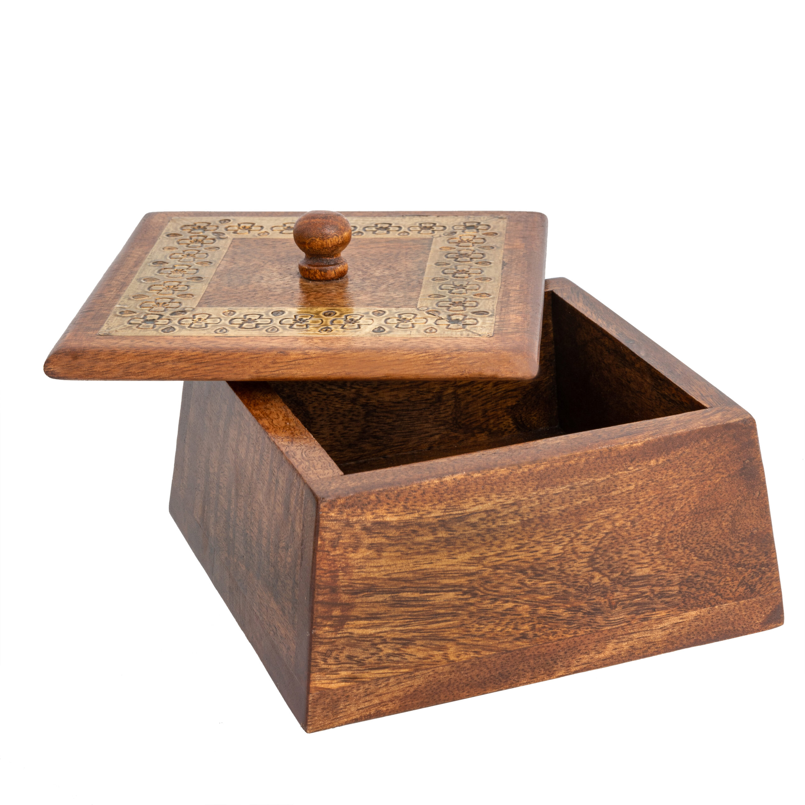 V637-59088BOX-202508251820-00 Tapered Mango Wood Box W Metal Pressed Inlay 10cm - Image 1