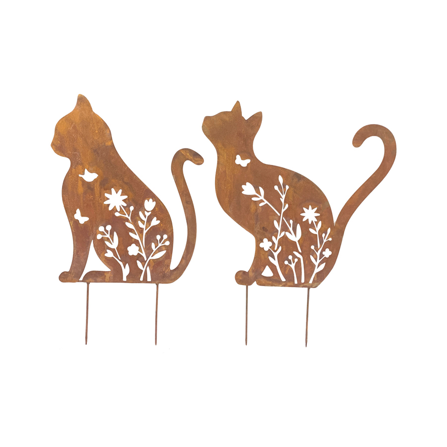 V637-71474CAT-202508251925-00 Set 2 Rust Sitting Cat Garden Stakes 37x46cm - Image 1