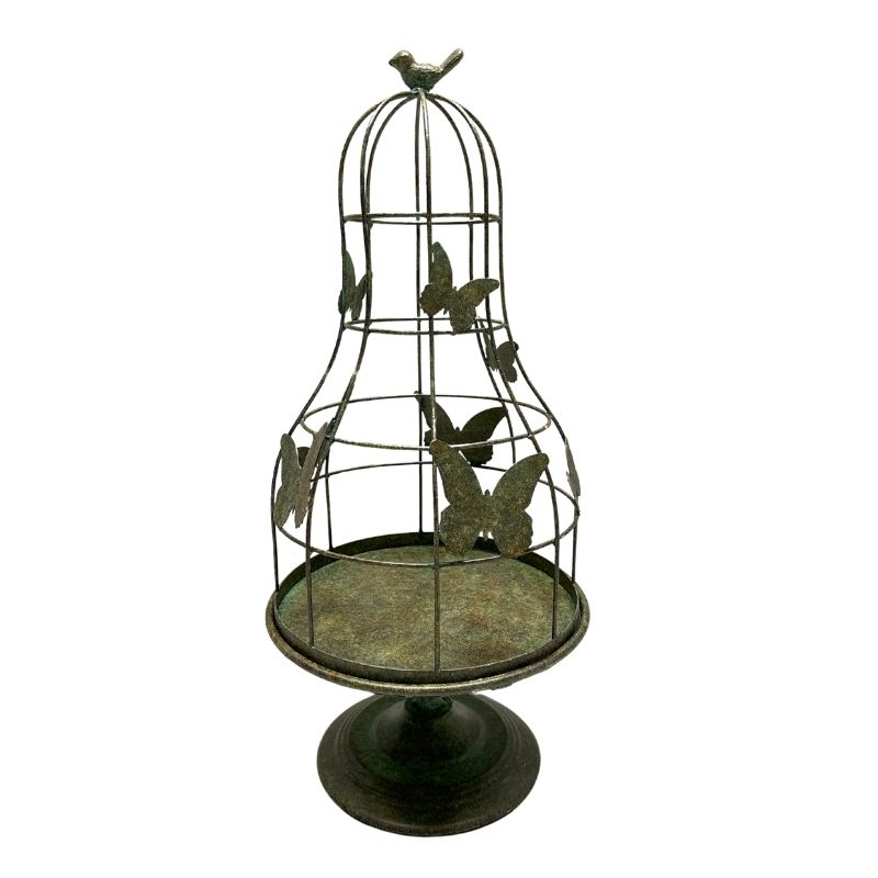 V637-74137CLC-202508251606-00 Distressed Green Footed Cloche w Butterflies 67cm - Image 1