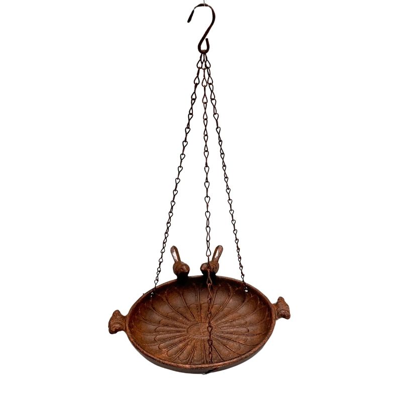 V637-74141BRD-202508251611-00 Hanging Cast-Iron Rust Birdfeeder w 2 Birds 41cm - Image 1