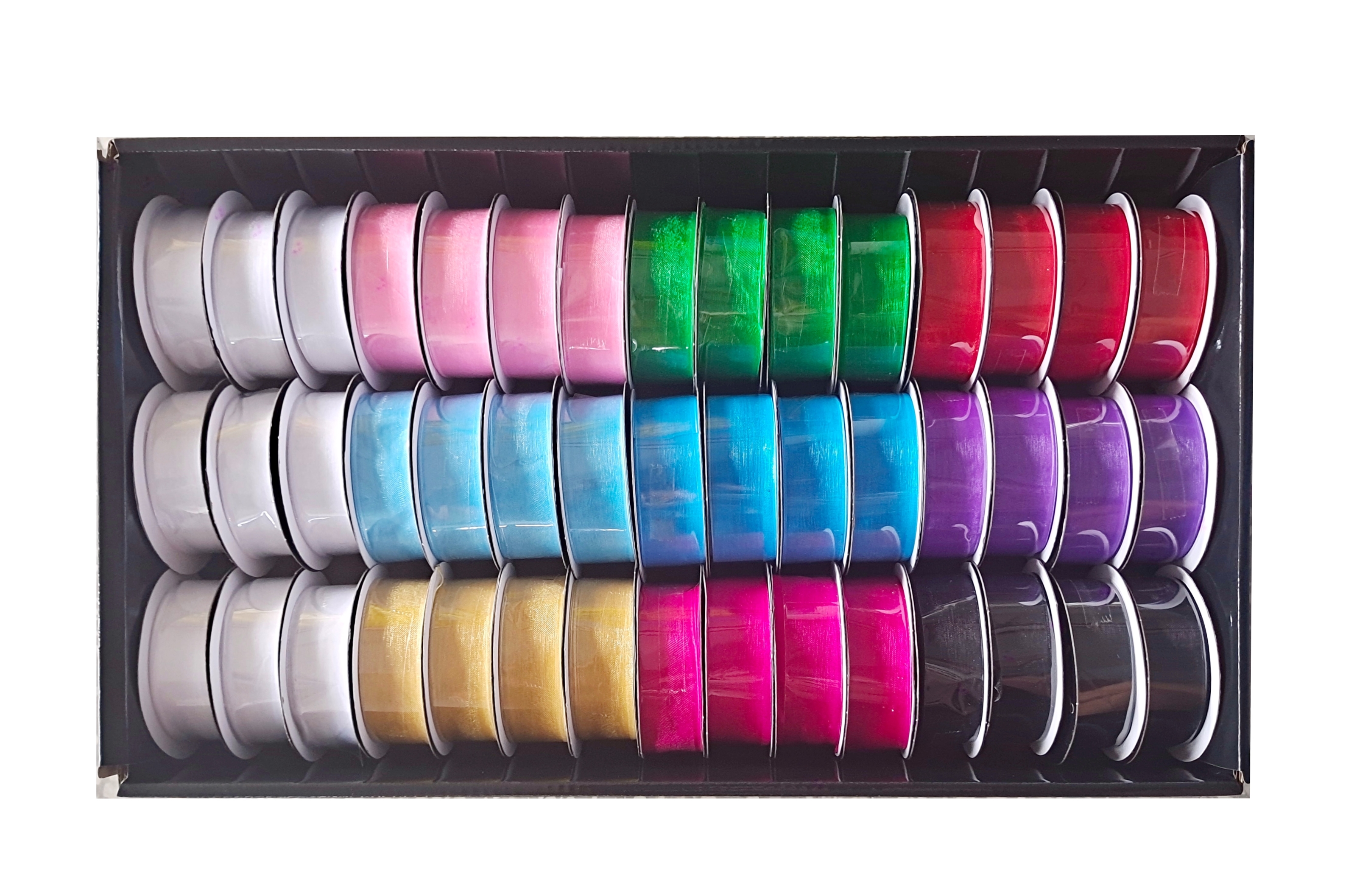 V637-CRA31368-202508251920-00 bulk 45 Roll Ribbon Sheer 4mtr 25mm Displayed Box - Image 1