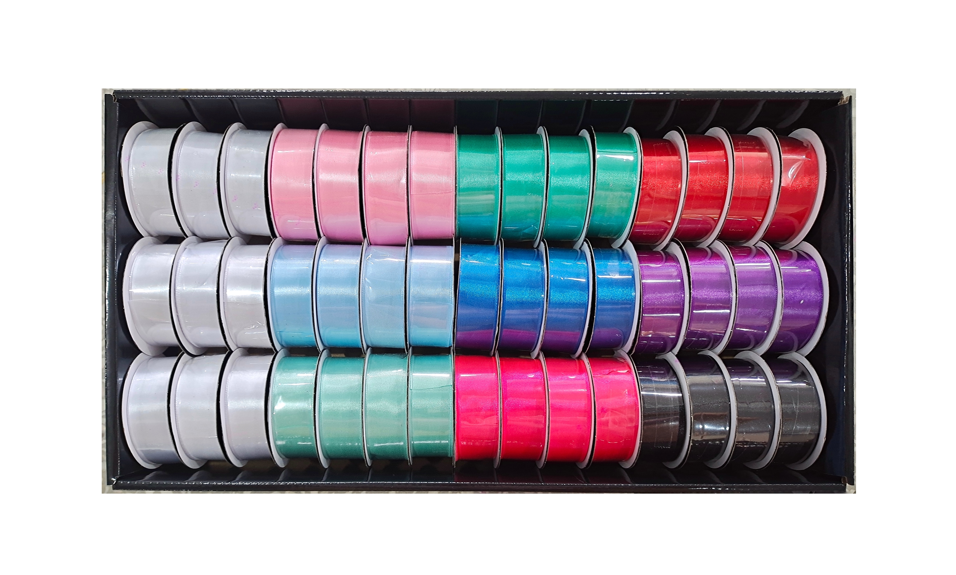 V637-CRA31371-202508251925-00 bulk 45 Roll Satin Ribbon 4mtr 25mm Displayed Box - Image 1
