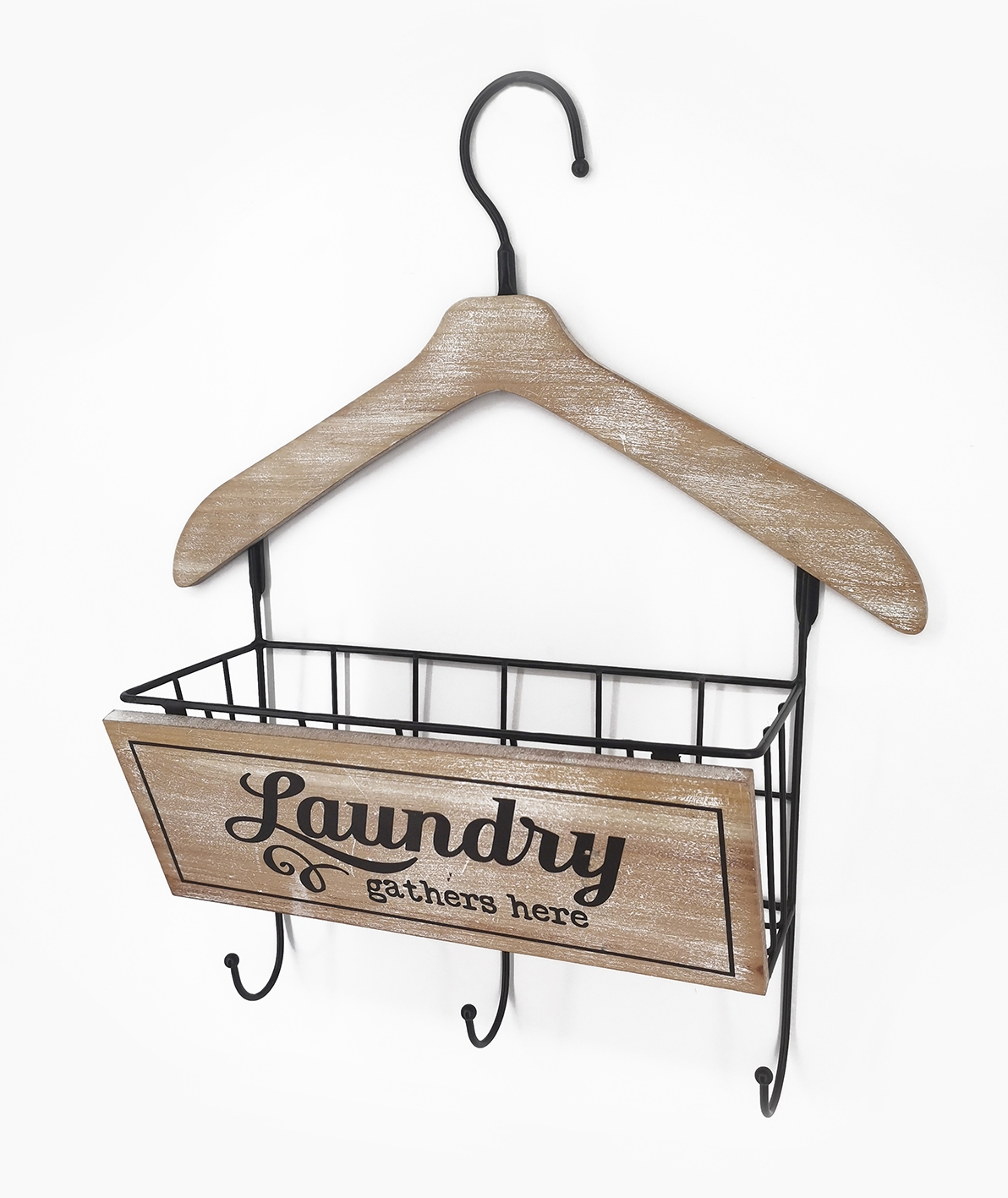 V637-DCO35915-202508251655-00 Wooden Laundry Hanger W Basket & 3 Hooks 40x48cm - Image 1
