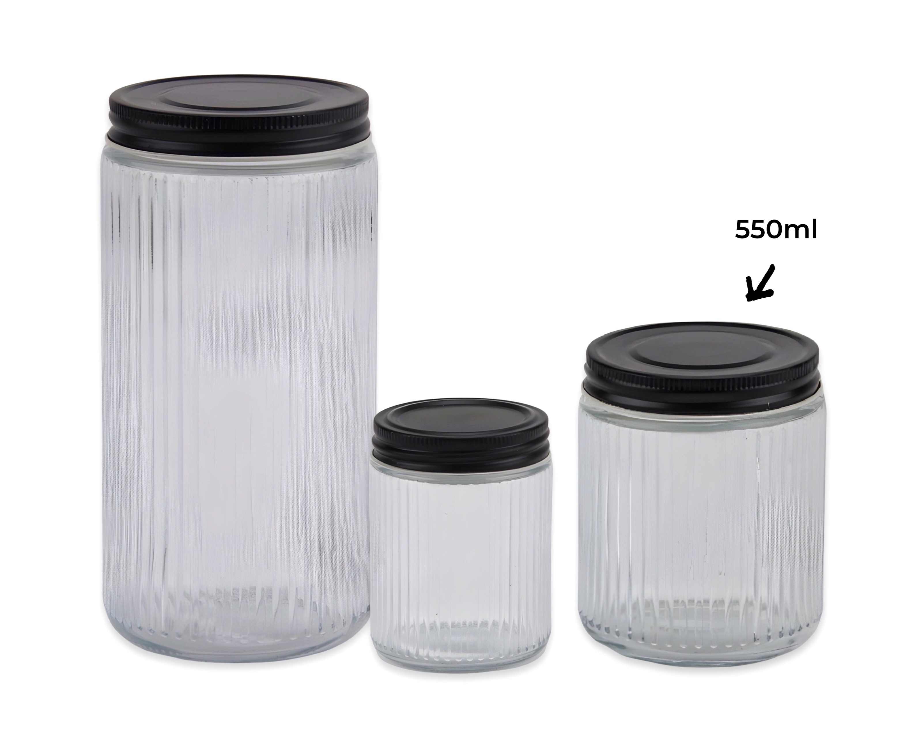 V637-KIT35076-202508252335-00 bulk 24 Ribbed Glass Jar With Metal Lid 550ml 9x11cm - Image 1