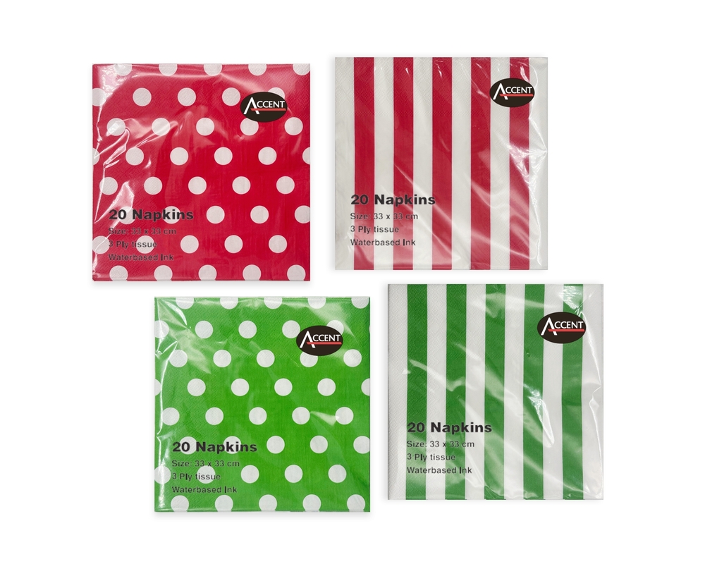 V637-PAR34143-202508252020-00 bulk 960 Red & Green Dots Stripes 2ply Napkin 33cm - Image 1