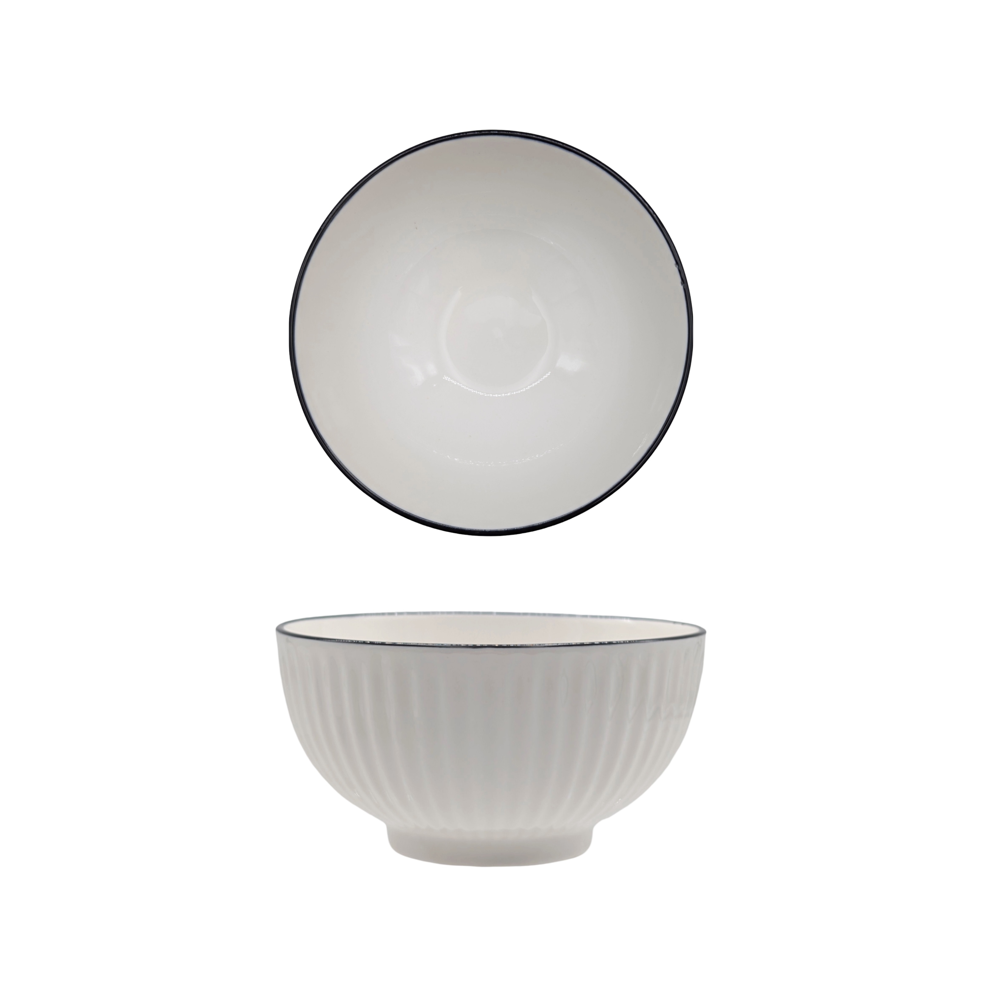 V637-TAB36446-202508260625-00 bulk 24 Sorrento Porcelain Embossed Rice Bowl w Black Rim 5" 12cm - Image 1